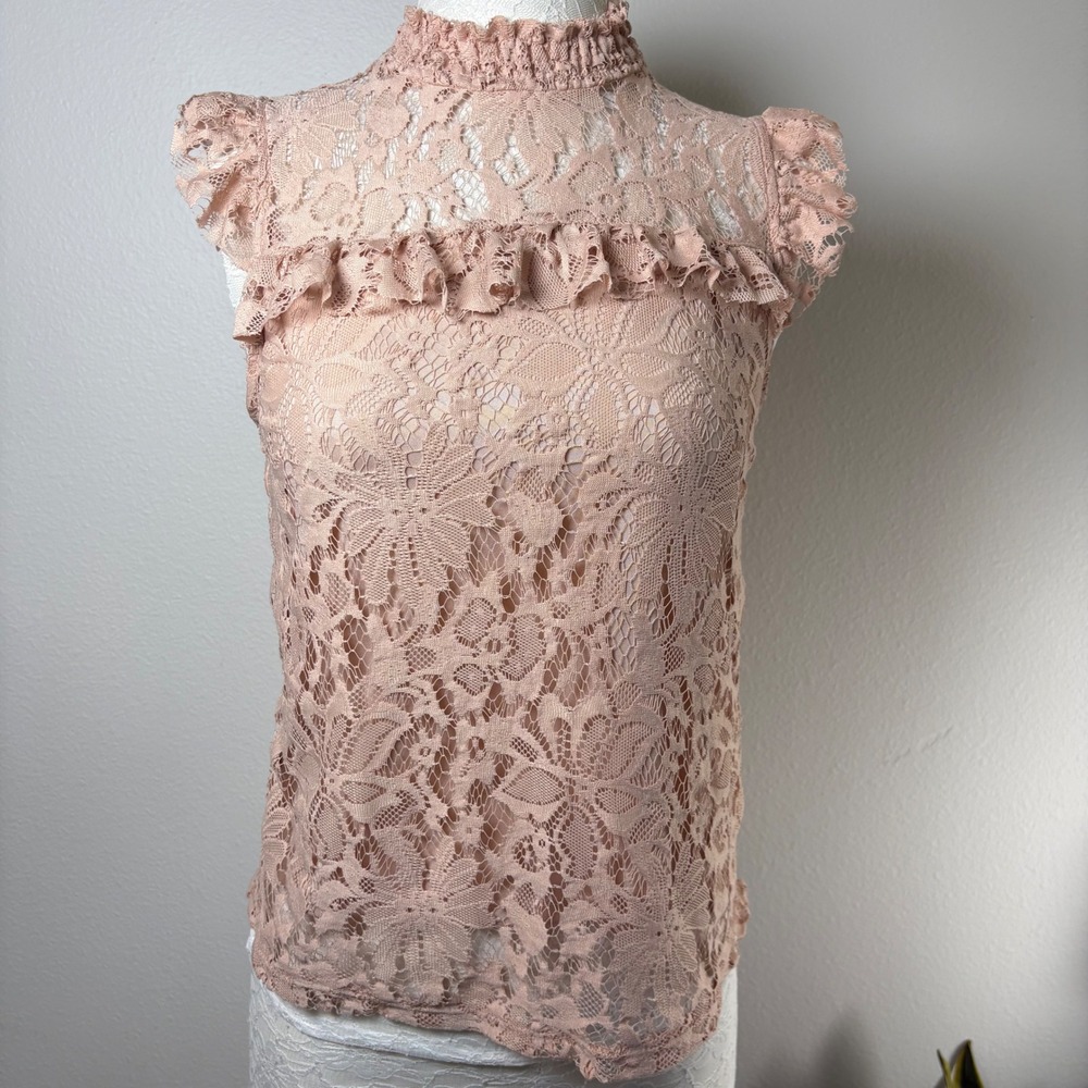 Topshop Women 6 Pink Lace Top Coquette Romantic Ruffle Mock Neck